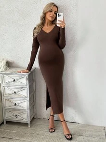 SHEIN 孕妇装 V 领长袖侧开衩下摆修身优雅针织连衣裙，秋季