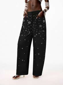 LYSMO Quần ống loe đính pha lê đen mới 2025. , Cảm hứng thời trang, Phong cách tiệc tùng thoải mái, Quyến rũ nhưng tối giản, Tiên phong, Grunge Rock, Phong cách đường phố - màu đen - Xem 4