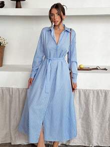 EURMUSE 休闲条纹纽扣长袖衬衫裙 - 藍色 - 查看 5