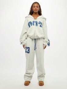 SUMWON WOMEN Pantalon de jogging ample avec numéros de varsité d'université, jambes larges, coupe ample, chaud pour l'hiver, ample et confortable, mode streetwear, graphiques numéro 003