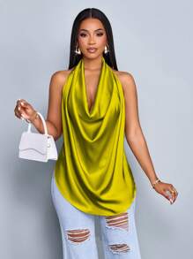 SOLERSUN Áo vest dệt vải dệt kim cổ chữ V sâu màu mơ bóng dành cho nữ mùa xuân và mùa hè, áo vest hở lưng, cổ bẻ, viền cong - màu xanh lá - Xem 6
