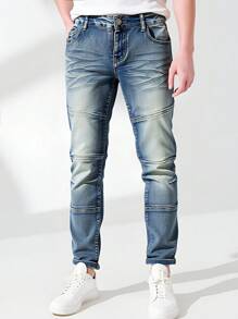 Tween Jungen Jeans, Lässig Stil, retro vintage gewaschene blaue Patchwork Skinny Jeans mit Elastik, coole Kombination für Schule & Lässig, Slim Fit, Heavy Wash, neue Herbstkollektion