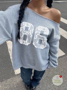 Attitoon Casual Vintage Style White Lace-Like Pattern, Numeric 86 Placement Print, Sexy Off-Shoulder Loose Fit Long Sleeve Sweatshirt For Women, Suitable For Fall/Winter, Vintage, Sexy, Cute, Y2K, Bohemian, Hippie, Music Festival, Punk, Y2K, Sexy Girl - Light Grey - View 2