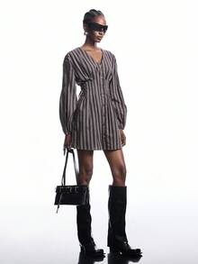 LYSMO 女式竖条纹V领长袖休闲连衣裙 - 彩色 - 查看 4