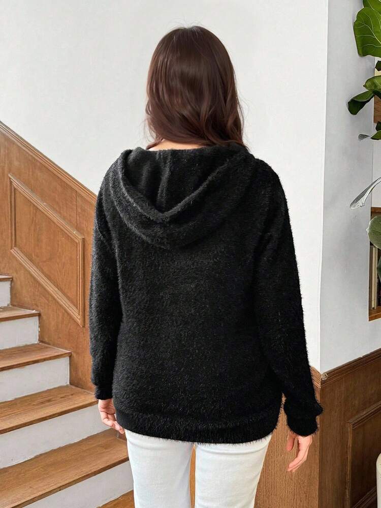 Women Casual Solid Color Fleece Drawstring Hooded Sweater, Autumn/Winter