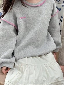 DAZY 女童圆领撞色缝线装饰长袖卫衣，秋冬季 - 灰色 - 查看 8