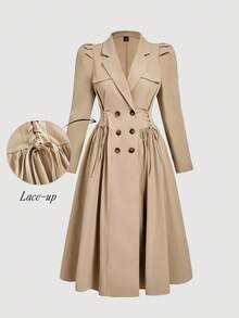 SHEIN MOD Autumn New Arrival, Plus Size Khaki Cinched Waist Puff Sleeve Midi Length Women Trench Coat, Khaki,Fall Outfits,Trench Women Coat,Winter Women Coat,Winter Coat,Fall Coat,Autumn Coat