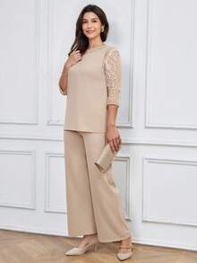 Miaspire Women Solid Color Round Neck Short Sleeve Top And Flower Print Wide Leg Pants Set For Summer Two Pieces Outfits - Khaki - View 5