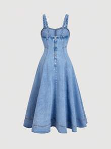 SHEIN MOD 女士休闲时尚牛仔吊带连衣裙 - 藍色 - 查看 2