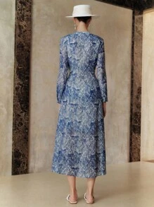 EMERY ROSE Váy Lyocell Linen Ditsy Floral cổ tròn tay dài thắt eo cho nữ - Màu xanh lam - Xem 3