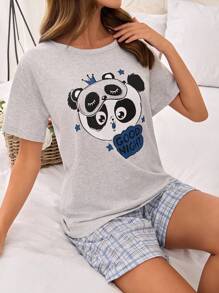EURMUSE Bộ đồ ngủ cottonline 2 chiếc áo sơ mi tay ngắn in hình gấu trúc cỡ lớn và quần ngủ in hình kẻ caro - Xám - Xem 5