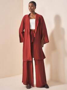 Zivah 2025春秋新款优雅通勤休闲派对宽松纯色红棕色长袖西装外套亚麻材质长外套和亚麻系腰阔腿裤女款两件套 - 棕色 - 查看 3