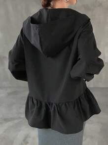 FRIFUL 女士宽松连帽夹克，金属拉链装饰，荷叶边下摆，纯色夹克，Y2K荷叶边夹克，黑色夹克，超大款夹克，女士外套