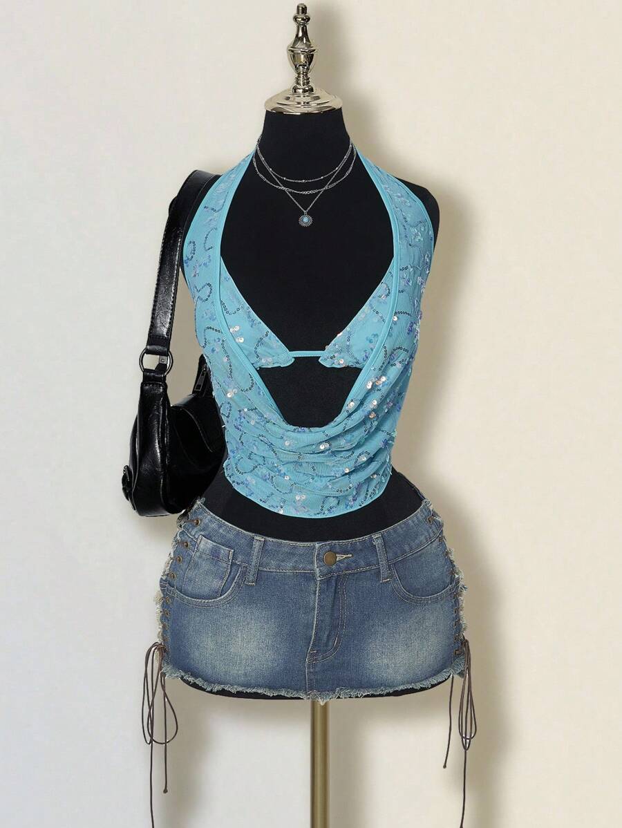 SHEIN ICON 女士性感低胸亮片派对吊带背心 - 白色 - 查看 1