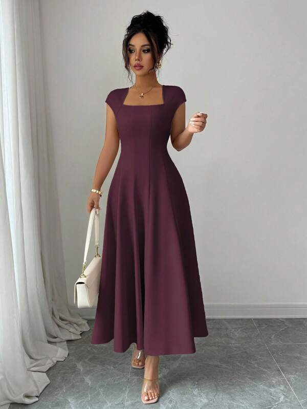 Elenzga Women's Elegant Solid Color Square Neck Waist Tie Splice A-Line Short Sleeve Midi Dress, Suitable For Commuting, Beach, Vacation, Music Festival, Beer Festival In Spring And Summer