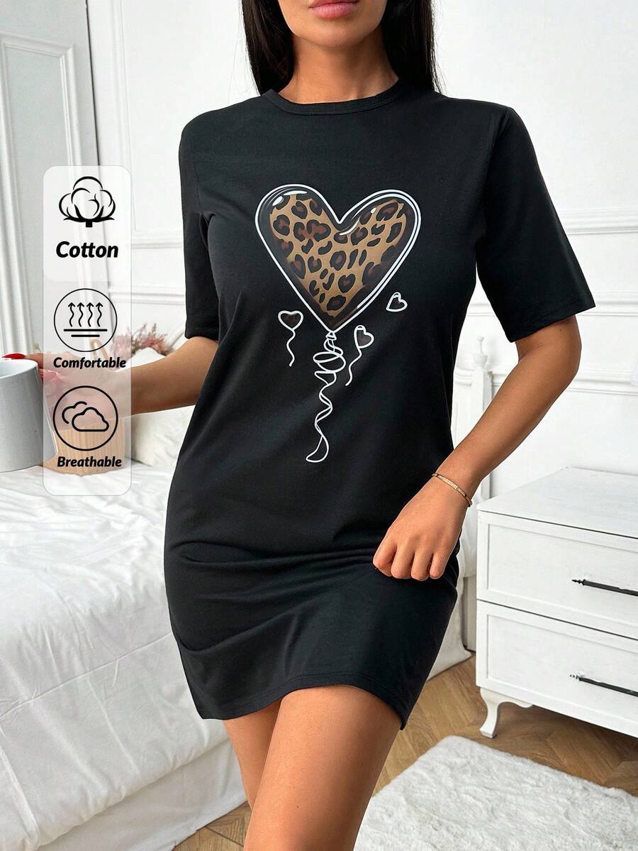 RueChic Women Contrast Colour Heart With Leopard Pattern Detail Short Sleeve Sleep Dress - Black - View 1