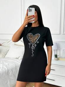 RueChic Women Contrast Colour Heart With Leopard Pattern Detail Short Sleeve Sleep Dress - Black - View 5