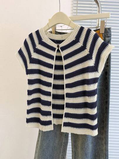 Franclia Nuevo cárdigan redondo de cuello único con diseño rayado, versátil y estilizador para mujeres