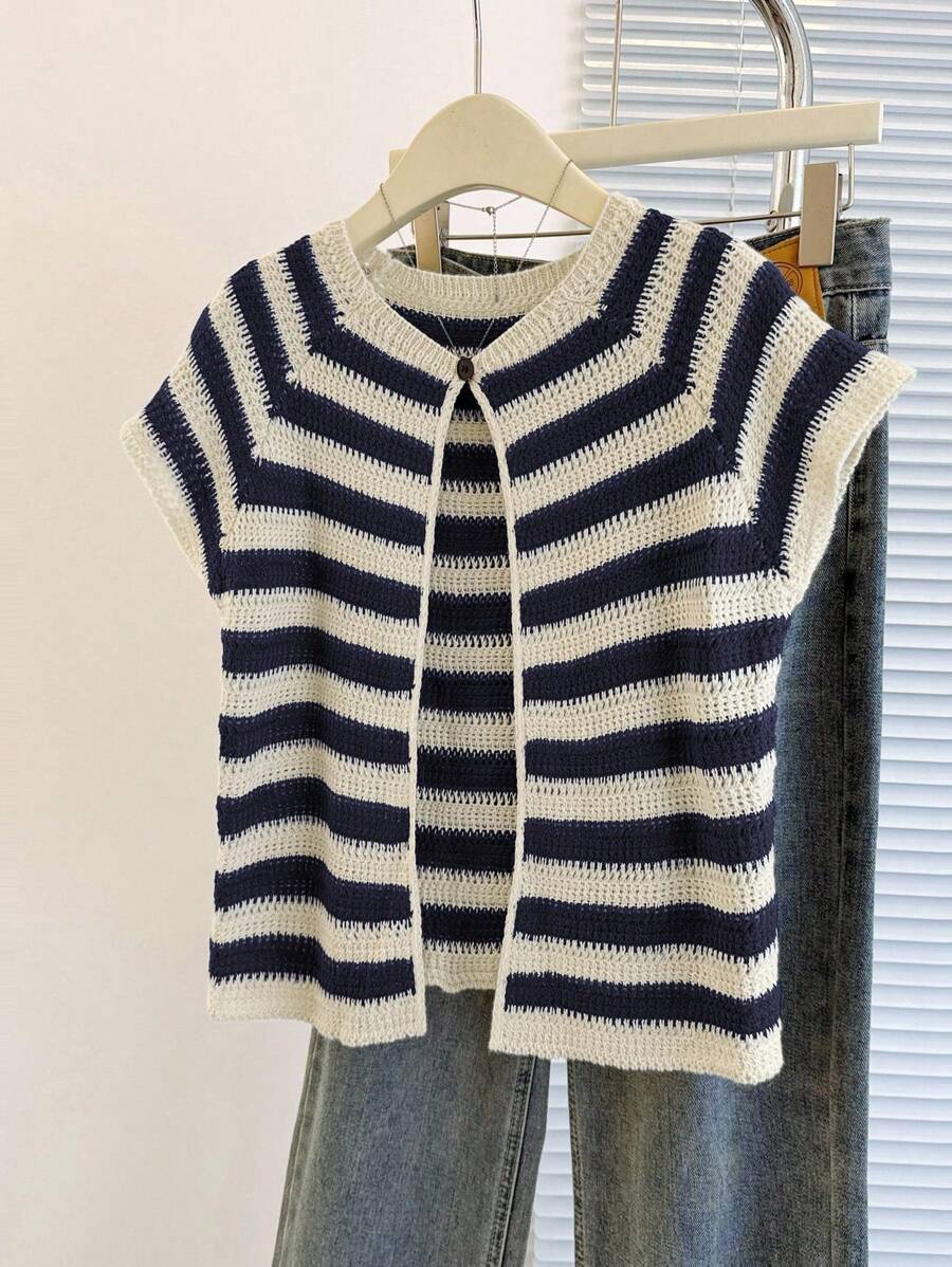 Franclia New Unique Striped Round Neck Cardigan, Versatile & Slimming Design For Women - Navy Blue - View 1