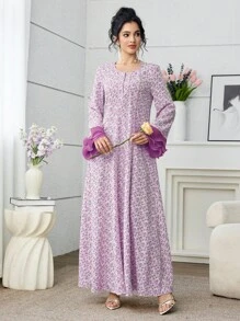 Yasmyna Vestido de mujer con estampado floral elegante, mangas plisadas y parches, con estilo árabe encantador, para primavera/verano