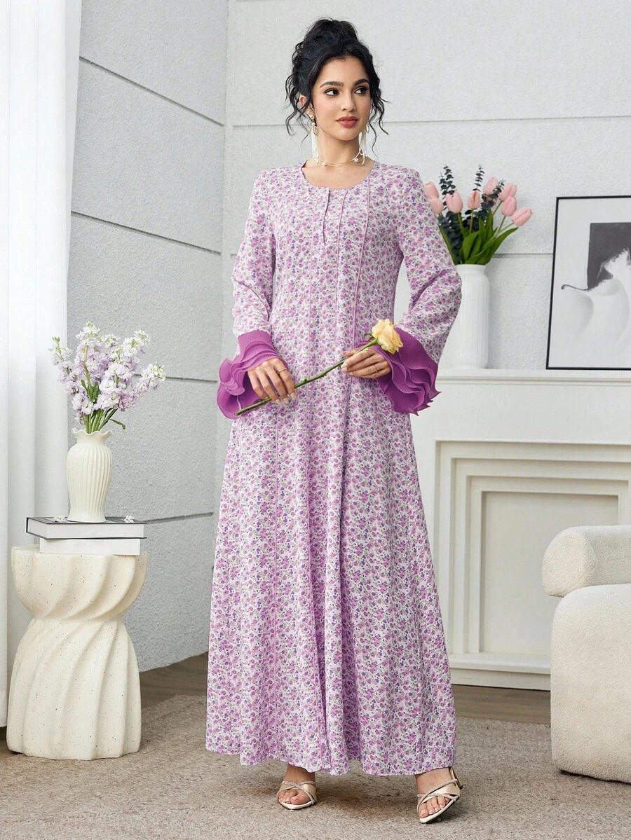 Yasmyna Vestido de mujer con estampado floral elegante, mangas plisadas y parches, con estilo árabe encantador, para primavera/verano