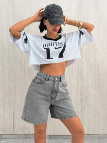 女式高腰口袋休闲百搭牛仔短裤 - 灰色 - 查看 4