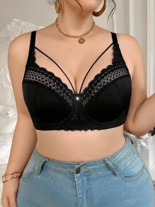 SHEIN 1 Áo ngực ren đen vá có gọng cỡ lớn thoải mái mỏng nhẹ - màu đen - Xem 3