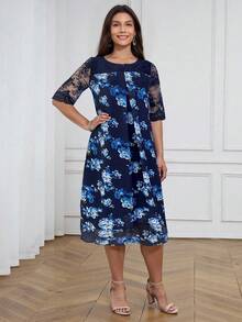 Miaspire Women Floral Print Lace Patchwork Elegant Long Dress Mothers Day Outfit Gift For Mom,Old Money Style Women - Blue - View 3