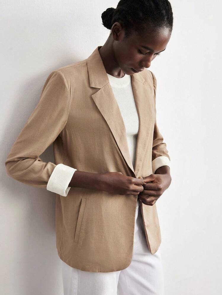 SHEIN Maija Women's Brown-Gray Linen Blend Fabric Versatile Modern City Fashion Essential, Comfortable Linen Loose Sleeve Splice Decor Business Casual Office Wear, Low-Key Wealthy Style, Urban Commute & Social Occasion Blazer Modern Urban Casual Fashion Business Casual Women's Office Wear Low-Key Old Money Style Effortless Temperament High-End Urban Commuting High-Quality Airport Women's Wear High-End Material In Fall/Winter