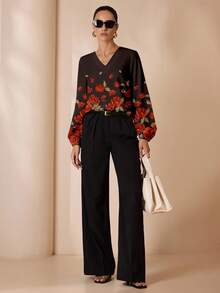 Glamance Whitebread Camisa de mujer de manga larga con estampado de flores elegante y casual, adecuada para el otoño, blusa de manga farol negra con estampado floral - Multicolor - Ver 1