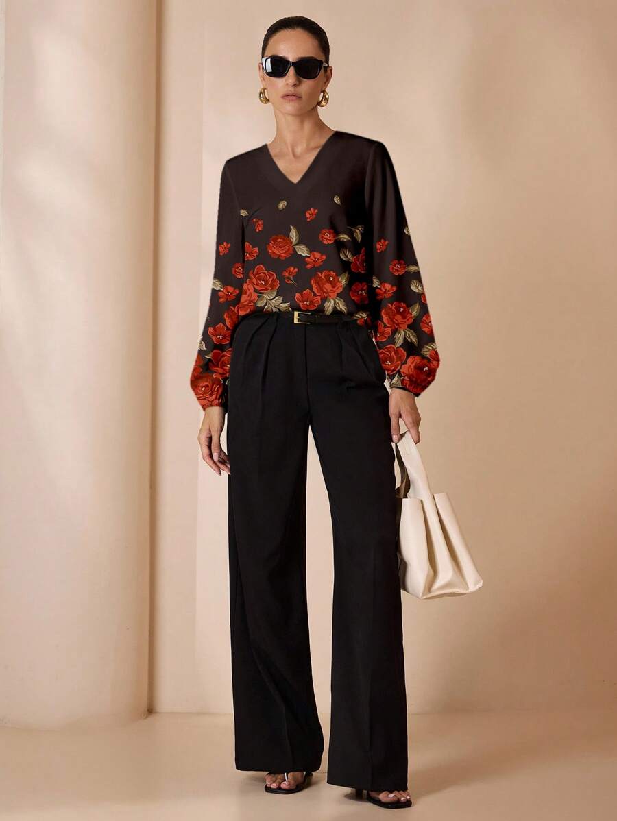 Glamance Whitebread Camisa de mujer de manga larga con estampado de flores elegante y casual, adecuada para el otoño, blusa de manga farol negra con estampado floral - Multicolor - Ver 1