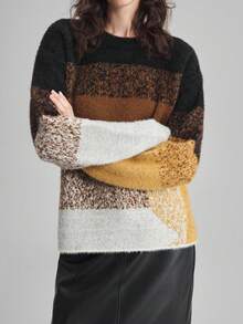 Ontre 2025 New Winter Women's Sweater,Black And White Striped,Autumn,Casual,Everyday Color Block Round Neck Long Sleeve,Minimalist Office Fashionable Top - Multicolor - View 7