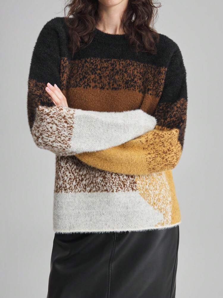 2025 New Winter Women's Sweater,Black And White Striped,Autumn,Casual,Everyday Color Block Round Neck Long Sleeve,Minimalist Office Fashionable Top