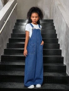 SHEIN Tween Girls Casual Solid Washed Loose Sleeveless Strappy Wide Leg Denim Jumpsuit Overalls Straight Leg Pants Without Tee,Girls Back To School Homecoming Outfits,Solid Color Elegant & Simple & Versatile Flare Pants, Fall Autumn Winter Clothes Outfits,Kids Back To School Streetwear Outfits,Comfortable And Versatile, For 8-12 Years Old Girls, Suitable For School, Home And Travel, Wide Leg Denim Overalls, Teen Wide Leg Overalls Denim, Teen Girl Overalls, Jean Overalls