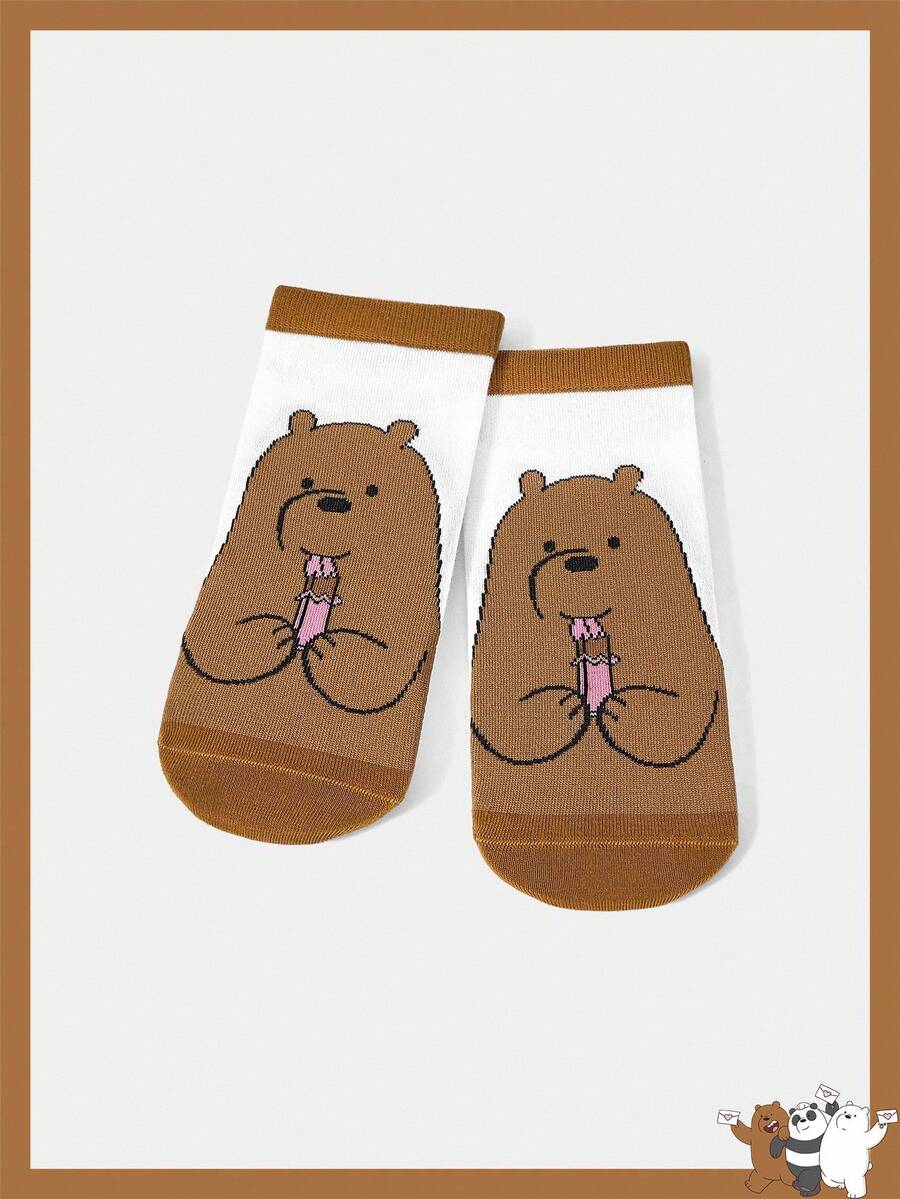 We Bare Bears X SHEIN 1 Đôi tất cổ ngắn họa tiết hoạt hình dễ thương phối màu thoải mái dành cho nữ - màu nâu - Xem 1
