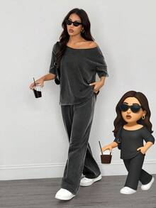 SHEIN PETITE 2pcs Women Casual Distressed Washed Loose Oblique Shoulder T-Shirt And Pants Set - Black - View 1