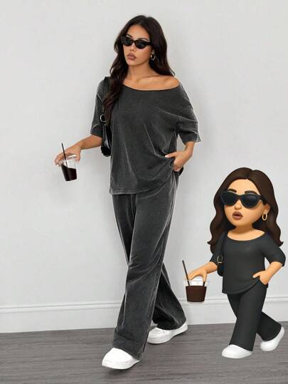 SHEIN PETITE 2pcs Women Casual Distressed Washed Loose Oblique Shoulder T-Shirt And Pants Set