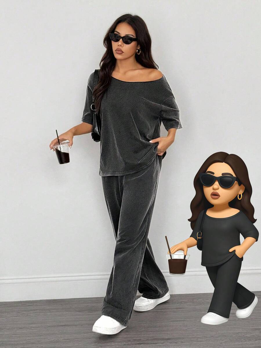 SHEIN PETITE 2pcs Women Casual Distressed Washed Loose Oblique Shoulder T-Shirt And Pants Set - Black - View 1