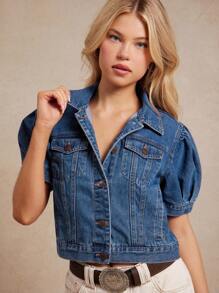 WESTFADE Collared Button Front Short Puff Sleeve Cotton Blend Denim Trucker Jacket Boho Vacation - Dark Wash - View 6