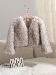 SHEIN Elladie kids Winter New Fashionable & Chic Girls Faux Fur Jacket, Tie Dye Fluffy High-End Short Thick Coat Fall