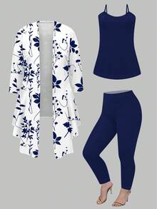 大码复古优雅花卉女士秋季三件套衣服 - 彩色 - 查看 3