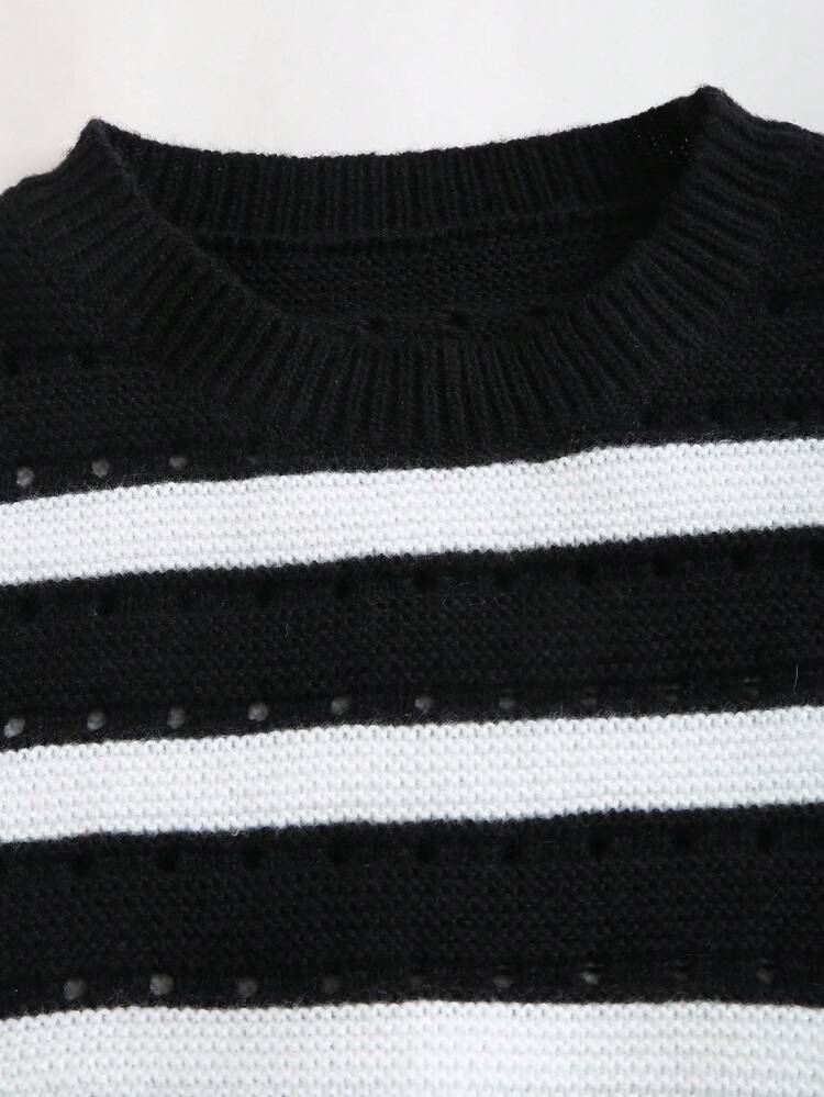 Sweetra 女士简约甜美黑白条纹灯笼袖圆领针织毛衣，秋冬 - 黑色 - 查看 5
