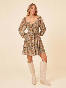 SHEIN VCAY Floral Print Knot Front Lantern Sleeve Dress - Brown - View 5