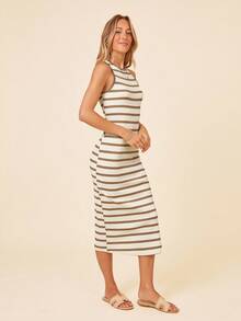 Coeurva Black & White Striped Slim-Fit Side Slit Midi Dress, Casual Summer Holiday/Office Wear - Khaki - View 6
