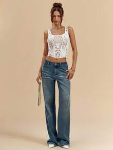 SHEIN BAE Top corto da donna in colore unito, in pizzo idrosolubile, adatto per le vacanze estive - Bianco - Visualizzare 8