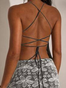 Opulessa 女士纯色纹理露背吊带交叉绑带上衣，适合秋冬季节、圣诞节、新年派对、婚礼宾客、优雅毕业典礼、奢华舞会等场合。 - 藍色 - 查看 4