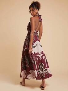 Travachic Women's Halter Backless Sleeveless Plant Pattern Print Dress Fall Outfits Women Winter Clothes For Women Halter Maxi Dress Tropical Print Maxi Dress Vacation Maxi Dress Dinner Maxi Dress,Casual Woman Style, Fall Outfits For Women, Chic Autumn,Going Out Outfit,Elegant Outfits,Country Style For Women, Beach Wedding Guest Dress - Multicolor - View 1