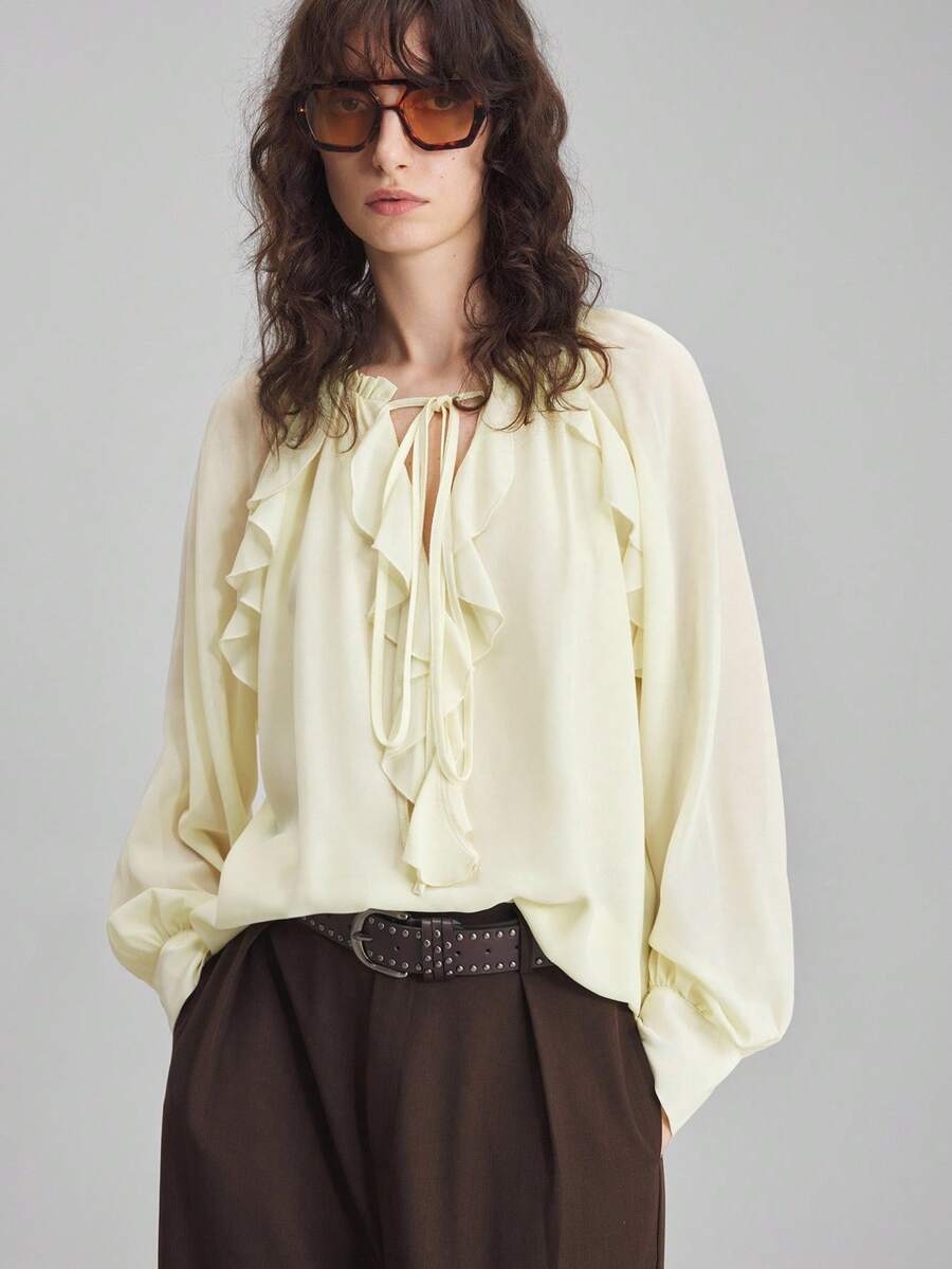 Ontre 2025 New Autumn/Winter Women's Top, Ladies' Yellow Tie-Neck Chiffon Ruffle Hem Sheer Top, Loose Fit, Woven Fabric, Suitable For Halloween, Christmas, Vacation Party, Elegant Casual Versatile Women's Top Elegant And Intellectual Female Wedding Guest Dress And Beautiful French Lazy High-End Sense Of Intelligence And Elegance Old Money Style Cruise Vacation Wear All-Season - Yellow - View 1