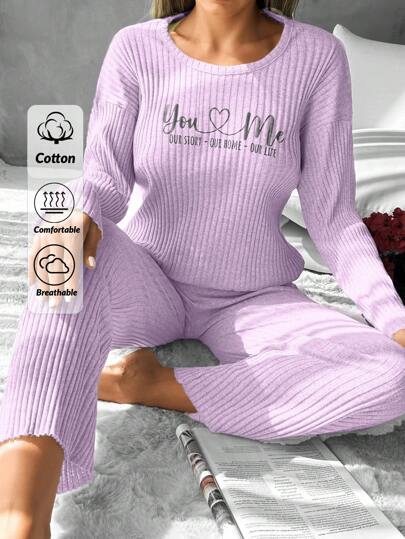 EURMUSE 100%Cotton Women's Text Print Ribbed Knit Lounge Wear Set