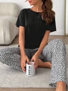 EURMUSE Women Cotton 2 Pcs Short Sleeve Shirt And Leopard Pattern Bottom Homewear Lounge Set - Black - View 5